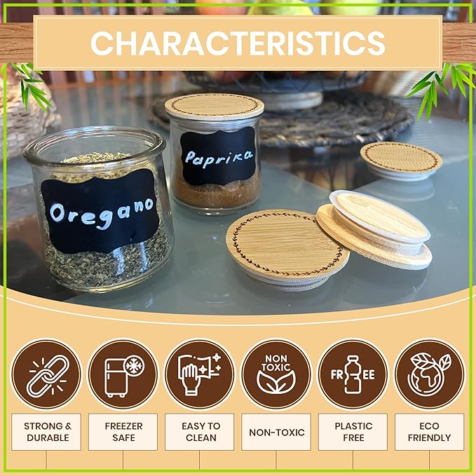 4-24 Piece Sets of Oui Yogurt Jar Lids | Made of Bamboo Wood, Stainless Steel, or Food Grade Silicone | Fit Yoplait Yogurt Regular & Petite Jars (Bamboo Leaves Ring - 24 pcs with Labels & Storage Bag)