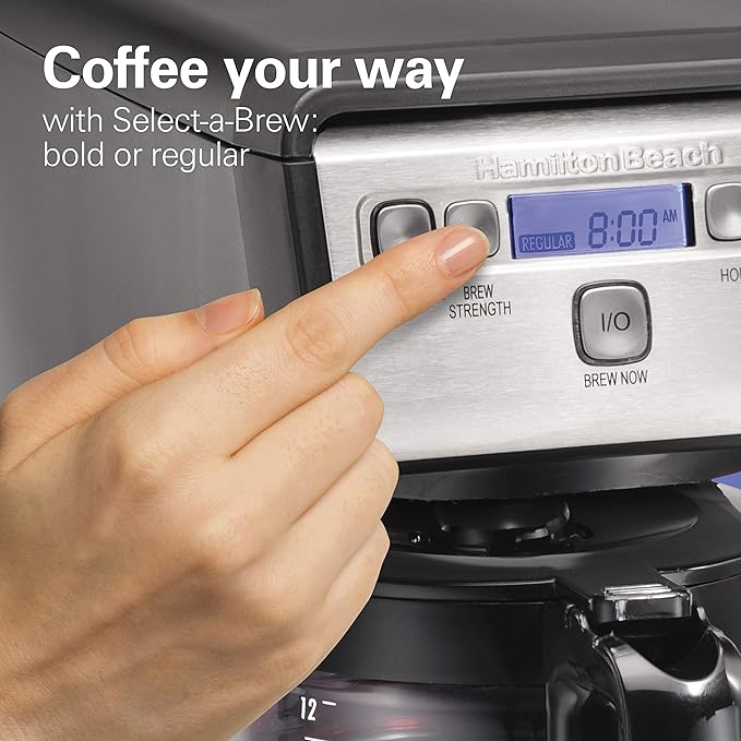 Hamiton Beach 12 Cup Compact Programmable Drip Coffee Maker with No-Drip Burosilicate Glass Carafe, 2-Hour Auto Shutoff, Space-Saving Design, Black with Stainless Steel Accents (46200)