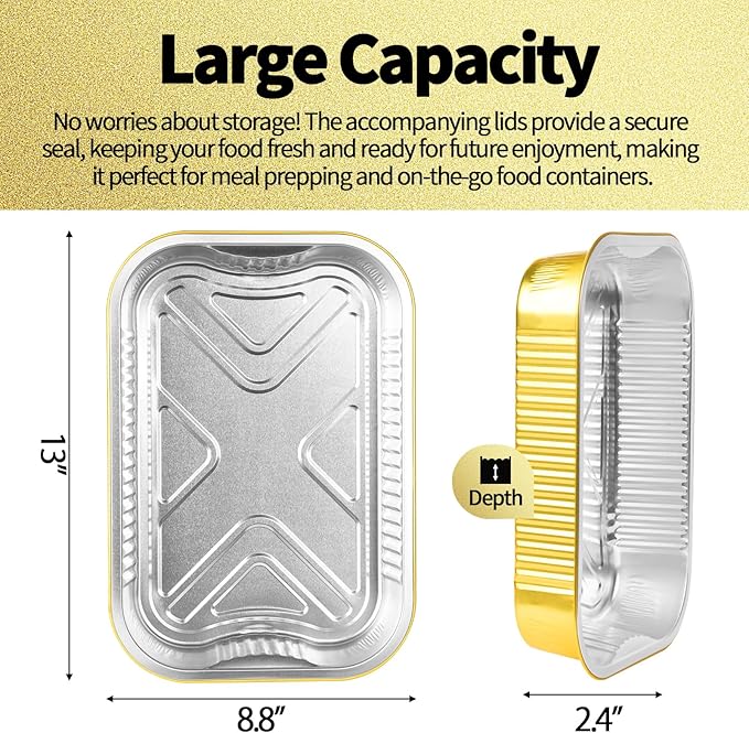15 Pack 13"×9"×2.4" Gold Aluminum Foil Pans with Lids Heavy Duty, 9x13 Foil Food Containers with Lids, Disposable Tin Foil Pans for Baking, Meal Prep, Freezer, Heating and Takeout