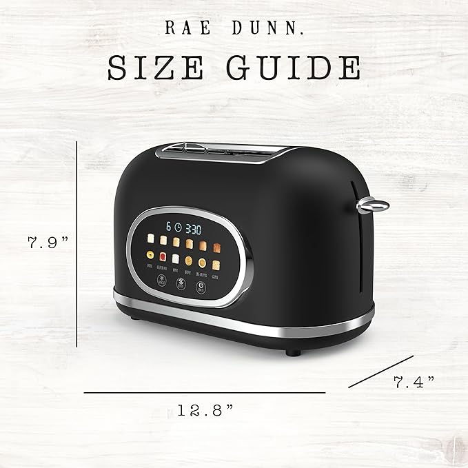 Rae Dunn Retro Digital Electric Toaster, 2 Slice Stainless Steel Toaster With Touchscreen, Countdown Timer, 6 Shade Settings, Wide Slots, High Lift Lever, Bagel, Defrost & Reheat, Digital Black