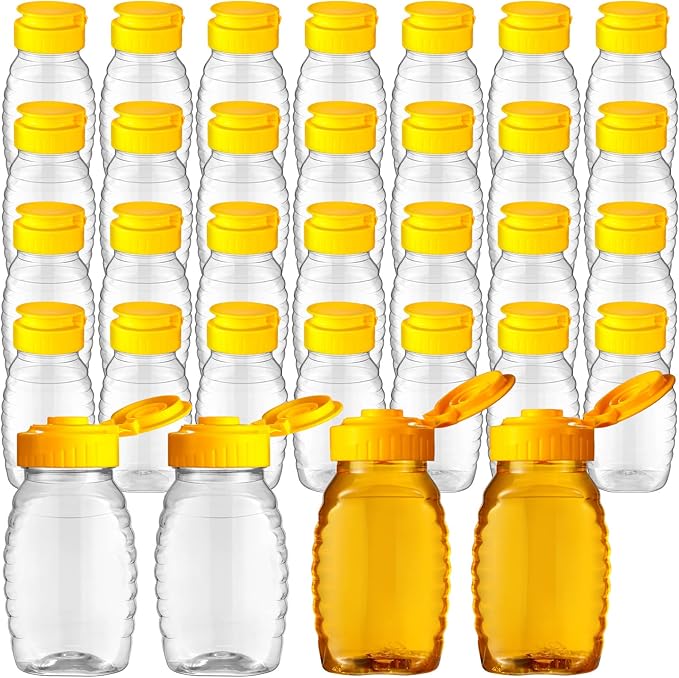 Hoolerry 32 Pieces 5 oz Clear Plastic Honey Bottles Squeeze Honey Containers Jars Empty Refillable Honey Holder with Leak Proof Flip Lid for Storing and Dispensing Food Syrup Sauce