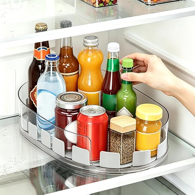 Lazy Susan 360°Rotating Organizer for Refrigerator,13.5“ x 8.5”,Drink Organizer for Fridge,Cabinet, Pantry,or Kitchen Countertop,Organize Condiments, Cans, Beverages,Clear+White,1 Pack