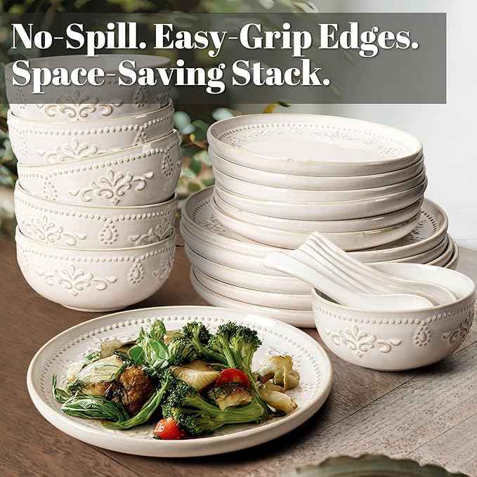 Artena Plates And Bowls Sets, 24 Pieces Dinnerware Sets, Dish Set For 6, Ceramic Kitchen Bowl And Plate Set, Embossed White Dishware Sets, Dishwasher & Microwave Safe (Damask Floral)