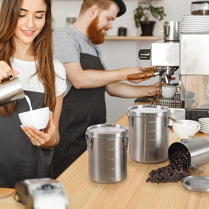 Tanjiae Stainless Steel Coffee Canister | 100% Airtight Metal Food Storage Container with Lid Sealed - Keep Coffee Beans, Sugar, Tea Fresh for Months (56 fl oz)