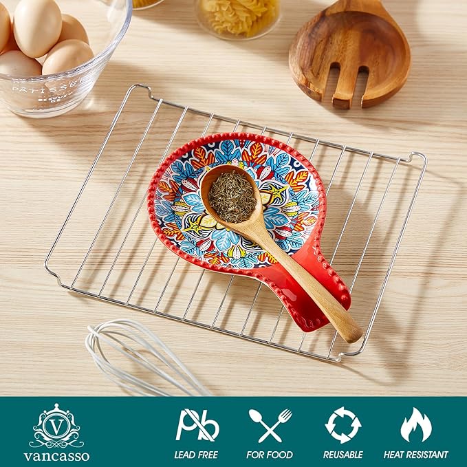 vancasso Ceramic Spoon Rest for Stove Top, 7.7 Inch Cooking Spoon Holder for Kitchen Counter Decor, Spoon Holder for Coffee Spoon Rest, Spoon Cradle, Spatula, Spoons or Tongs, Decorations, Red