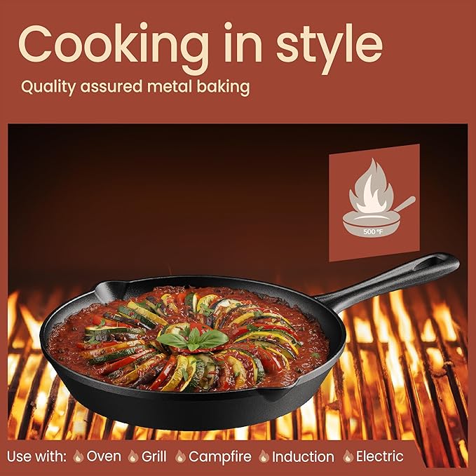 Bakken Pre Seasoned Cast Iron Skillet with Glass Lid & Silicone Handle,10" Frying Pan for Stove, Oven, Grill & Induction, Even Heat Distribution, Versatile All-Purpose Cookware for Searing & Frying