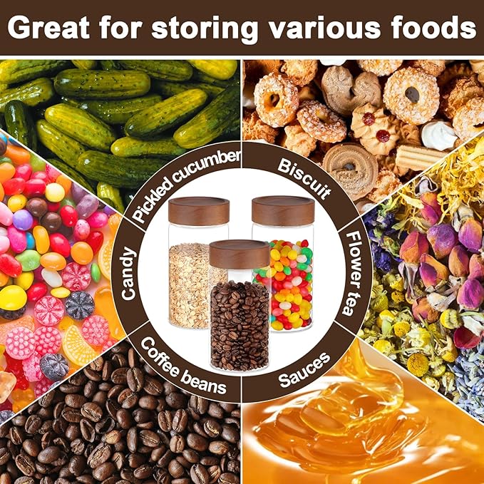 Glass Jar with Wood Lid, 2 Pack 19oz Glass Canister with Airtight Lids, Wide Mouth Screw Top Mason Jars for Sugar, Coffee, Tea, Oatmeal, Cereal, Bean, Candy - 3.1 x 5.9 inch Seasoning Bottle