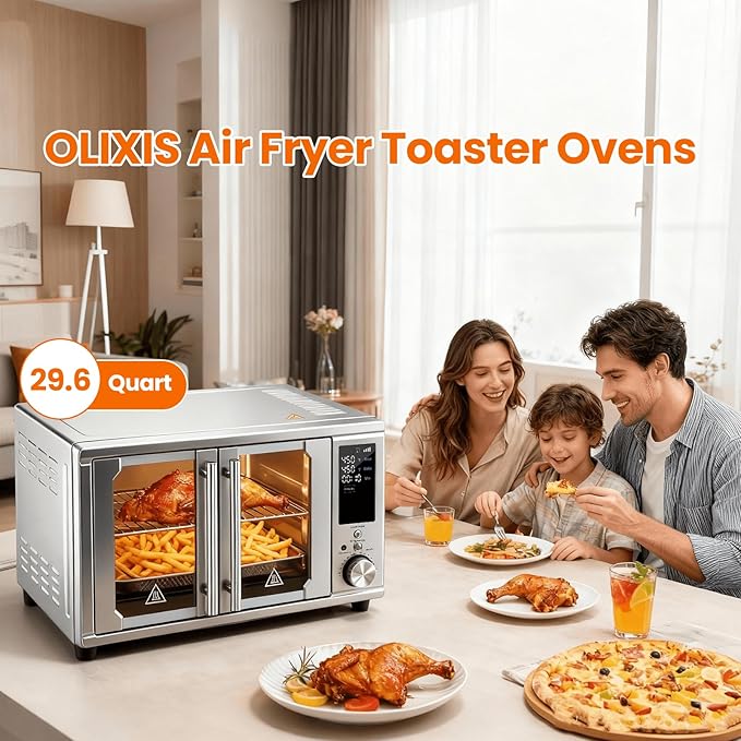 OLIXIS Air Fryer Toaster Oven Combo Extra Large with Smart Probe, 29.6QT Oven Countertop 12 Functions in 1, 7 Accessories Included, Stainless, Up to 450°F