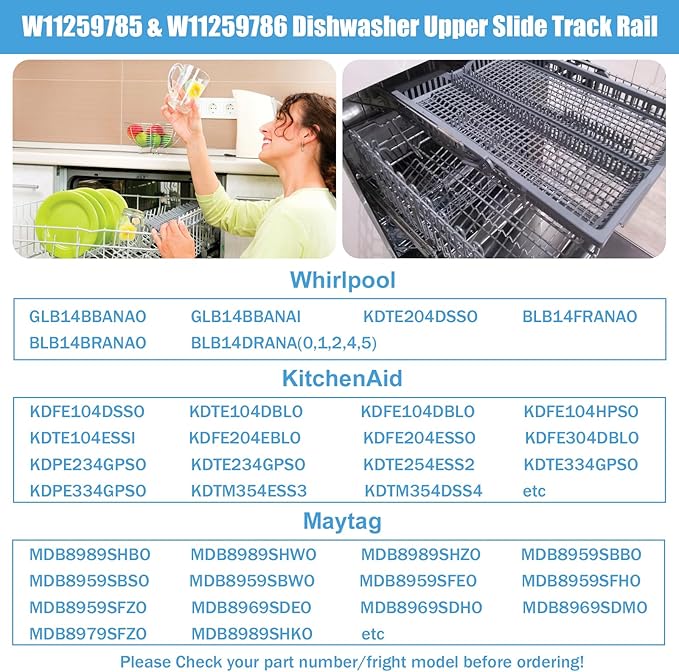 W11259785 (Left Side) W11259786 (Right Side) Dishwasher Upper Dishrack Slide Track Compatible with Whirlpool Dishwasher Dishrack Track