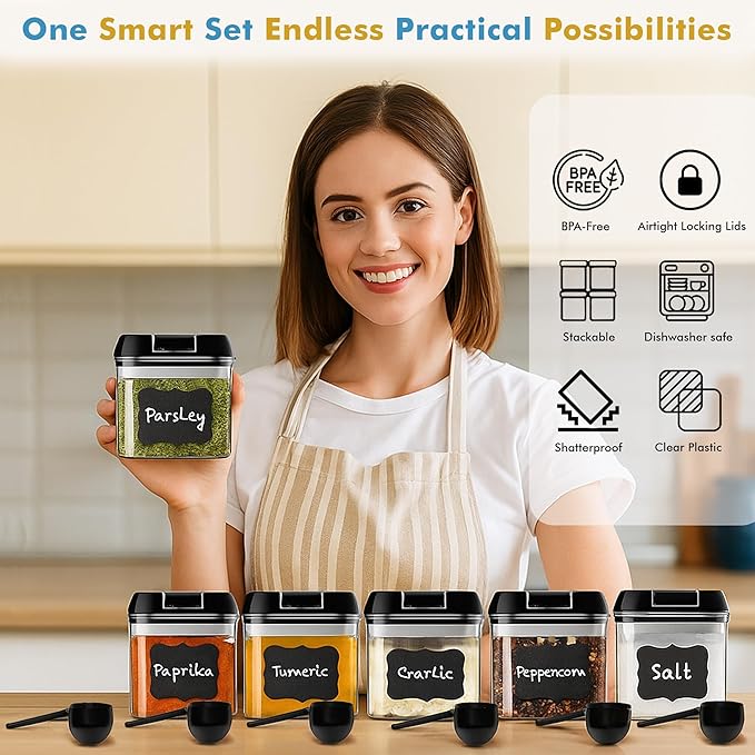 Shazo 6 PC Airtight Food Storage Containers + 6 Spoons Included - BPA Free Plastic Snack & Spice Containers with Easy Lock Lids - Kitchen and Pantry Organization for Herbs Coffee Tea - 0.5L / 2.1 Cup