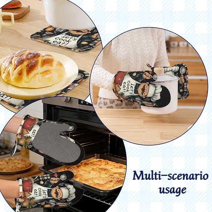 Funny Chef Pot Holders and Oven Mitts Set Silicone Let's Cook Eat Kitchen Gloves Potholders Heat Resistant Washable,Chef Cooking Baking Gifts for Women Men Bakers Lover Cooks