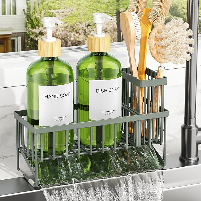 Cisily Sage Green Kitchen Dish Soap Dispenser, 16 fl Oz Dual Kitchen Soap Dispensers with Sponge Holder, Customized Stainless Steel Kitchen Soap Dispenser Set, Modern Hand and Dish Soap Bottle Set