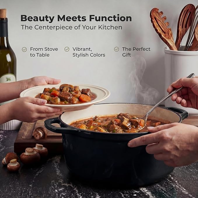 Zulay Kitchen 6 Quart Enameled Cast Iron Dutch Oven Pot with Lid – Premium Durability & Oven Safe up to 500°F – Heavy Duty Cookware Perfect for Bread Baking, Stews, Braising & Roasting - Black