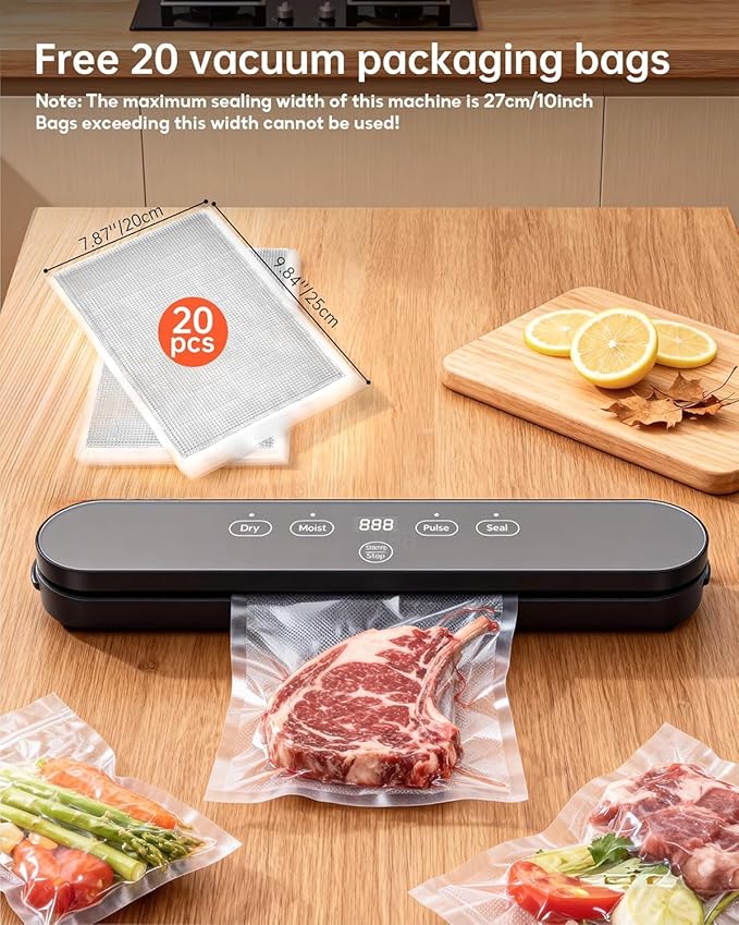Food Vacuum Sealer Machine, 75kPa Compact Vacuum Sealer for Food, 4-in-1 Food Sealer with Digital Timer, Moist/Dry, Pulse, Seal Modes, Includes 20 Vacuum Bags, Perfect for Freezer Storage