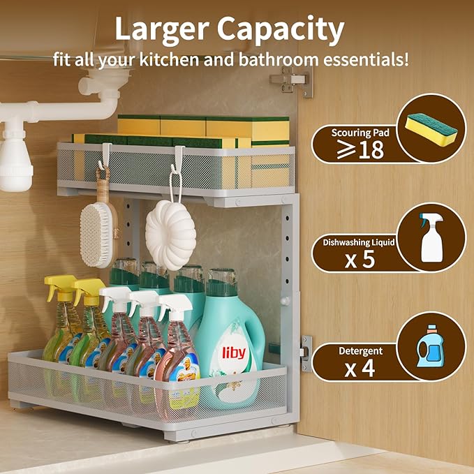 Under Sink Organizer 2 Pack, 2-Tier Slide Out Cabinet Organizer with Metal Sliding Drawer and Hooks, Pull Out Storage Baskets for Kitchen Bathroom Pantry Cabinet Organization (grey)