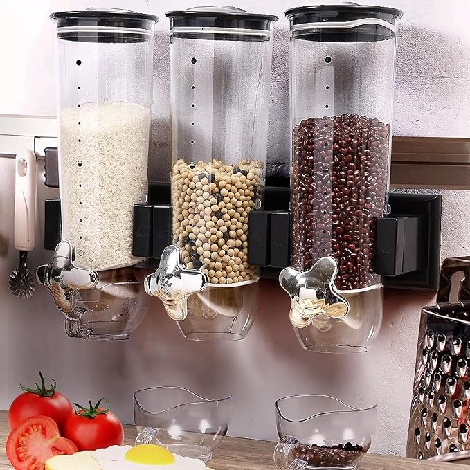 2 Pack Cereal Dispensers, Wall Mounted Food Dispenser Large Capacity Candy Dispenser, Double Dry Food Dispensers Wall Mount, Grain Dispenser for Kitchen Storage Oatmeal Snack Coffee Beans Candy, Black