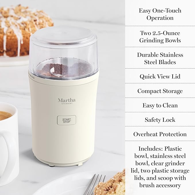 Martha Stewart Electric Coffee & Spice Grinder, Dual 2.5oz Removable Bowls, Storage Lids, Stainless Steel Blades, One Touch Pulse Control, 2-in-1 Compact, Beans & Spices, Herbs & Nuts, Linen White