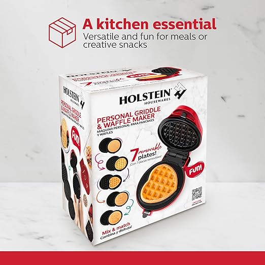Holstein Housewares 5-in-1 Mini Waffle and Griddle Maker – 4-Inch Personal Appliance with 7 Removable Non-Stick Plates, Makes Puppy, Kitty, Heart-Shaped Waffles, Pancakes, Eggs & More