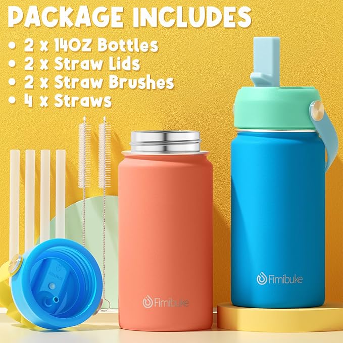 Fimibuke Kids Insulated Water Bottle, 14oz BPA FREE Double Wall Vacuum Tumbler 18/8 Stainless Steel Leak Proof Kids Cups with Straw Metal Water Bottle for School Boys Girls (2 Pack, Midnight Rose)