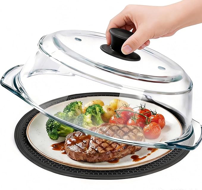Glass Microwave Splatter Cover for Food with Microwave Place Mat - Sturdy Plate Guard Lid with Vent Holes and Easy-Grip Silicone Handle - BPA Free, Dishwasher Safe (Black)