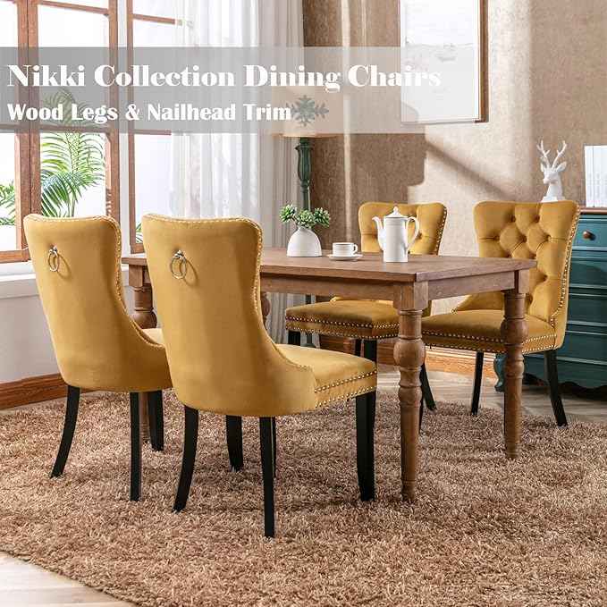 Velvet Dining Chairs Set of 4, Upholstered Dining Room Chairs with Back Ring Pull Trim and Solid Wood Legs,Tufted Wingback Kitchen Chair Perfect for Dining Room,Living Room,Kitchen(Gold)