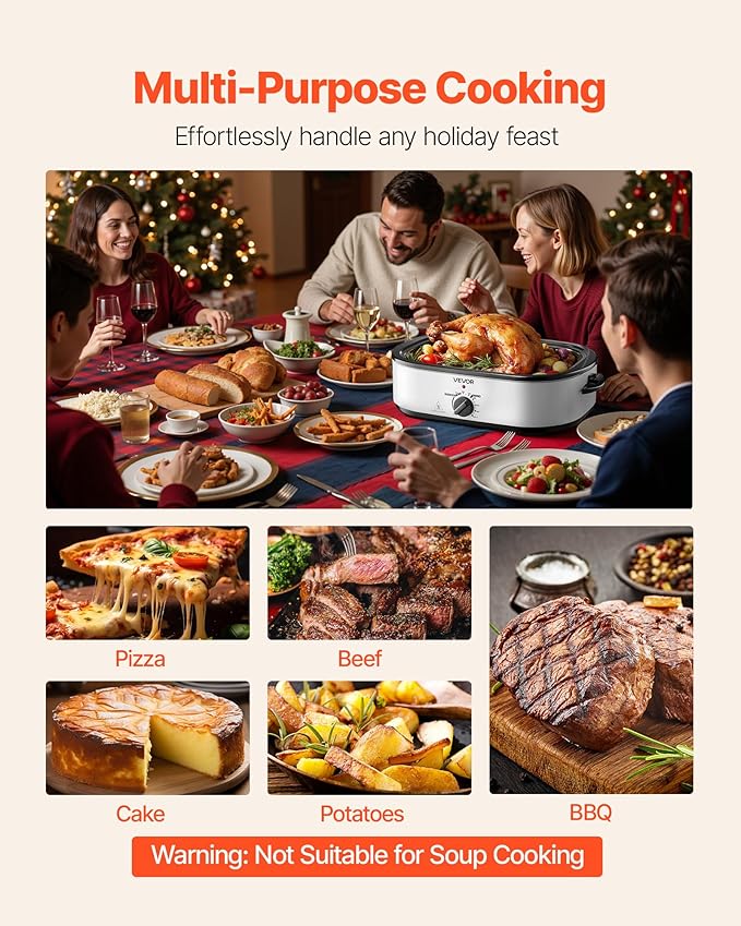 VEVOR Roaster Oven, 18QT Electric Roaster Oven, 150-450℉ Adjustable Temperature Electric Roasting Pan, Multifunctional Electric Roasters with Self-Basting Lid, Removable Pan and Rack for Holiday