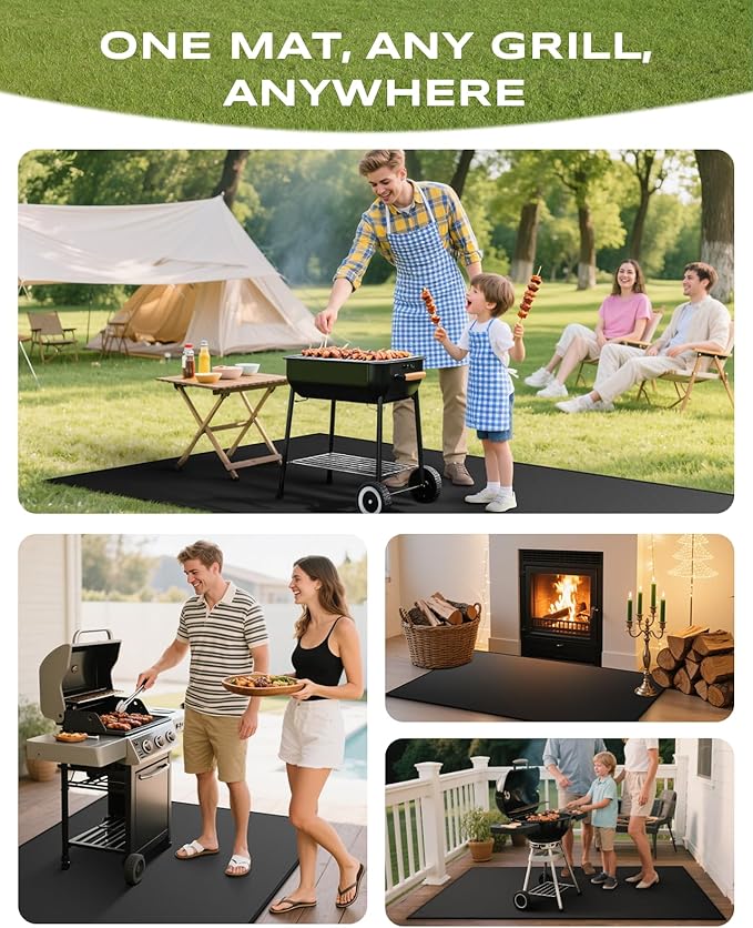 Non-Curl 60x40 inch Under Grill Mats for Outdoor Grill, Double-Sided Fireproof, Oilproof & Waterproof BBQ Grill Mat, Easy to Clean, Indoor Fire Pit Fireplace Mat, Perfect for Deck/Patio/Lawn
