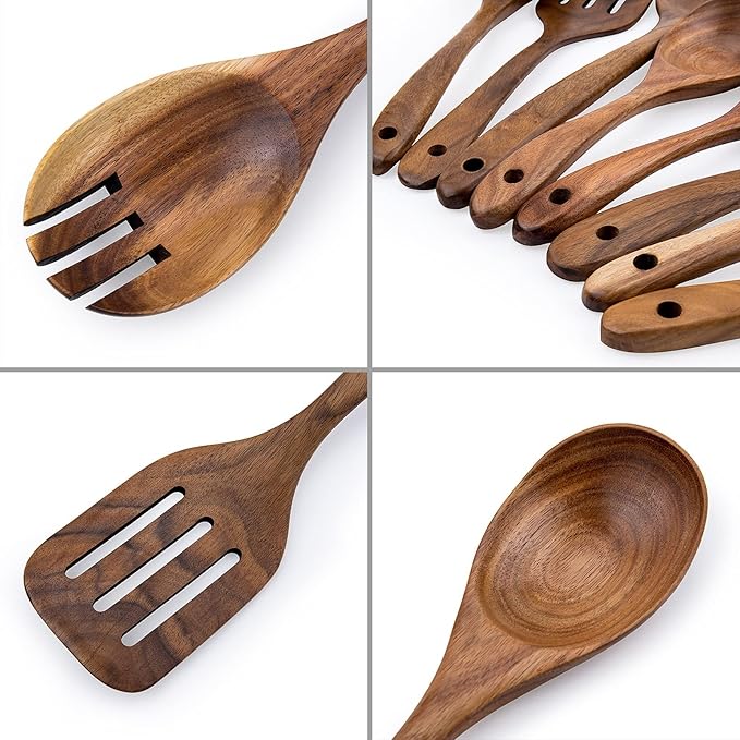 Premium 8-Piece Teak Wood Cooking Utensil Set - Heat Resistant, Lightweight & Sturdy Wooden Spoons for Non-Stick Cookware - Ideal for Cooking, Stirring & Serving