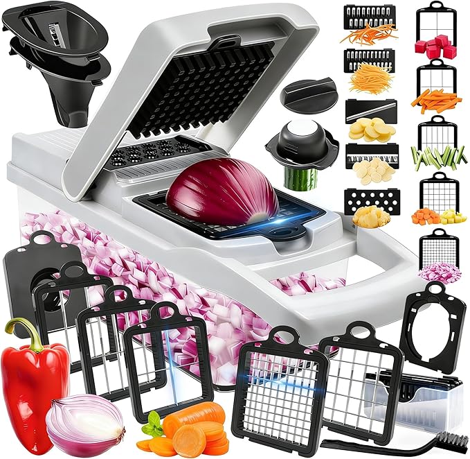 Vegetable Chopper, 10 Blades Slicer Onion Dicer, Multi 23-in-1 Veggie Mandoline Food Cutter for Tomato Fruit, Vegetable cutter with Hand Protector, Egg Separator & Slicer, Container（White）