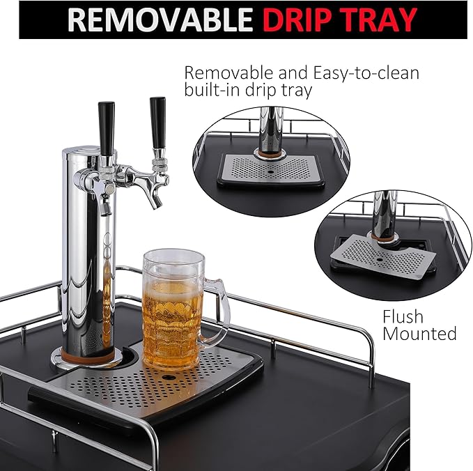 Kegerator and Keg Beer Cooler, Dual Tap Draft Beer Dispenser, Full Size Keg Refrigerator With Shelves, Stainless Steel, Drip Tray & Rail，silver