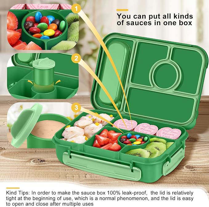 Amathley Bento Box Adult Lunch Box Kids,Lunch Containers for Adults/Kids/Toddler,5 Compartments Bento Lunch Box with Sauce Vontainers,Microwave & Dishwasher & Freezer Safe,BPA-Free (Emerald green)