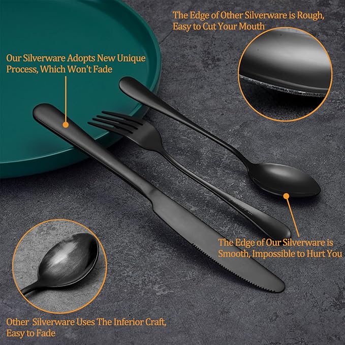 40 Pcs Black Silverware Set, Stainless Steel Flatware Set for 8, Food-Grade Cutlery Set, Mirror Polished Tableware Eating Utensils Set for Home Kitchen, Include Knife Fork Spoon Set, Dishwasher Safe