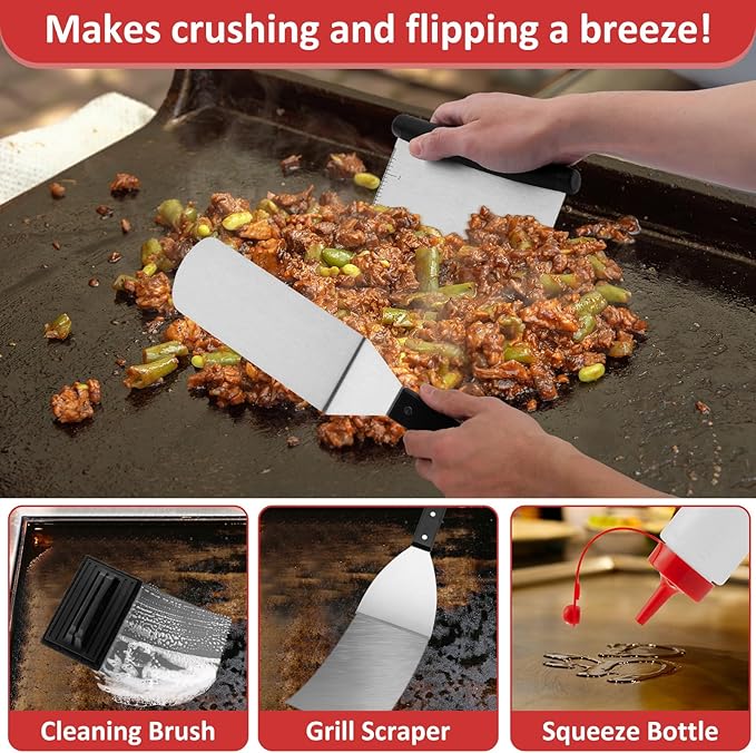 25Pcs Griddle Accessories Kit, Leonyo Flat Top Grill Accessories, Commercial Grilling Tools with Enlarged Spatulas, Basting Cover, Metal Scraper, Smash Burger Press for Outdoor Barbecue, ABS Handle