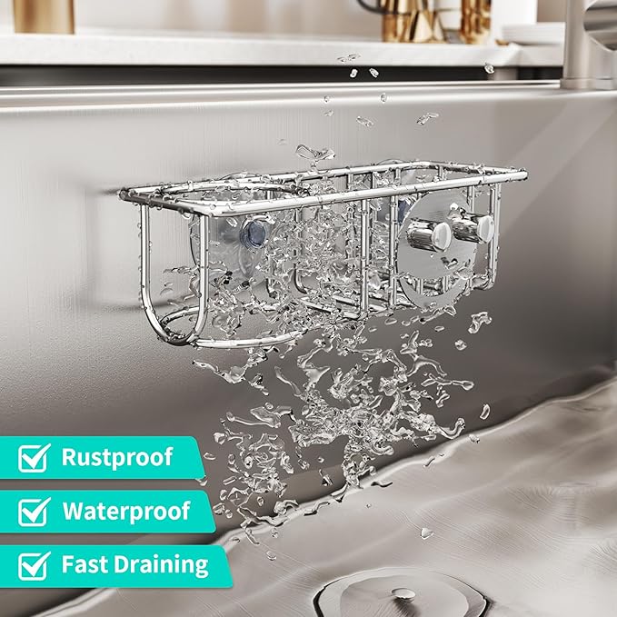 HapiRm Sink Caddy Sponge Holder - No Drill Kitchen Sink Organzier with Smiley Face Sponge Holder, Rustproof and Waterproof Kitchen Organizer - Silver