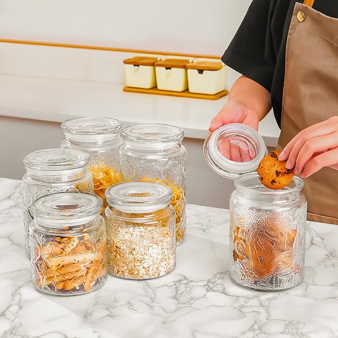 Adodeen 32oz Vintage Glass Jar With Lid, Glass Storage Containers, Airtight Kitchen Storage Containers For Sugar, Coffee, Tea, Spice, Flour, Candy Cookie, Pasta, Cereal, Cute Decorative Jars