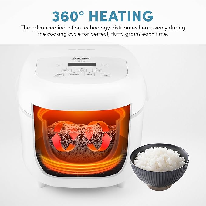 Aroma Housewares Professional 8-Cups (Cooked) / 2Qt. 360° Induction Rice Cooker & Multicooker (ARC-7604), White