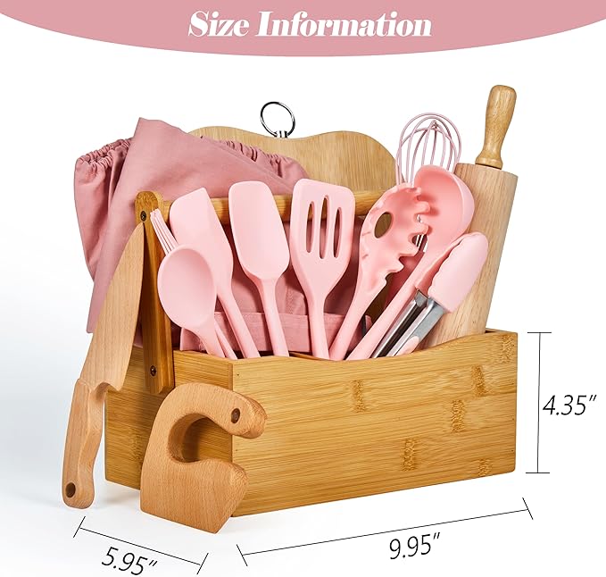 Pulcher Kids Cooking & Baking Sets Real Little Chef Cooking Utensils Kitchen Set Gifts for Girls Boys Juniors with Utensils Cutting Board Kids Safe Knife Rolling Pin Apron Carrying Basket (Coral Pink)