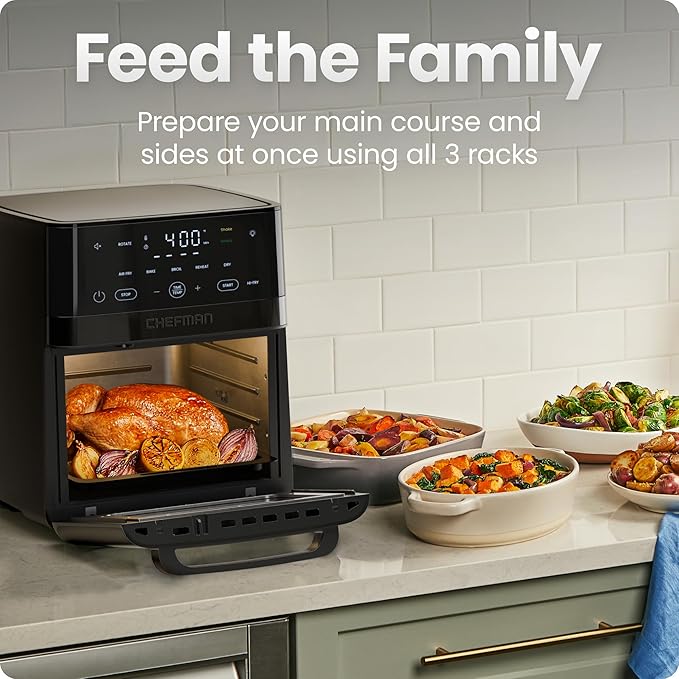 Chefman Air Fryer 6-in-1, XL 14-Quart Multifunctional Airfryer with Touchscreen Controls, Rotisserie, Food Dehydrator, Convection Oven, Bake, Broil, and Reheat Functions, Windowed Door – Black