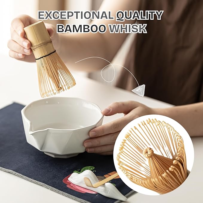 7 PCS Matcha Whisk Kit with Bowl & Scoop, Bamboo Whisk and Sifter, Traditional Japanese Tea Set for Matcha Lovers – Complete Matcha Gift Kit (White)