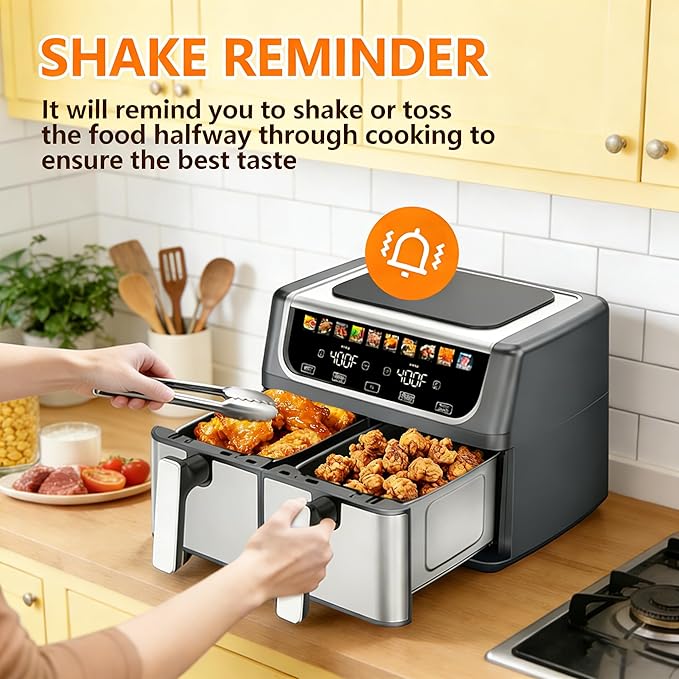 HealSmart 9.5Qt Dual Basket Air Fryer, 10-in-1 Smart Air Fryer with 1700W, Independent Temperature Control, Sync Cook & Shake Reminder, Nonstick Air Fryer Oven for Family Meals, Grey