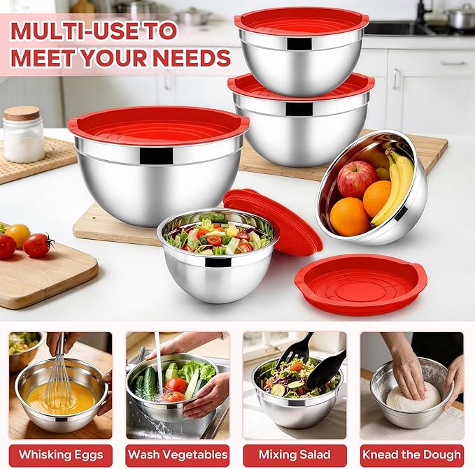 E-far Mixing Bowls With Lids Sets of 5, 10-Piece Stainless Steel Salad Metal Nesting Bowl for Baking Cooking and Prepping, Airtight Lid & Stackable Design, Size 4.6, 3, 2.1, 1.5, 0.7 QT, Red