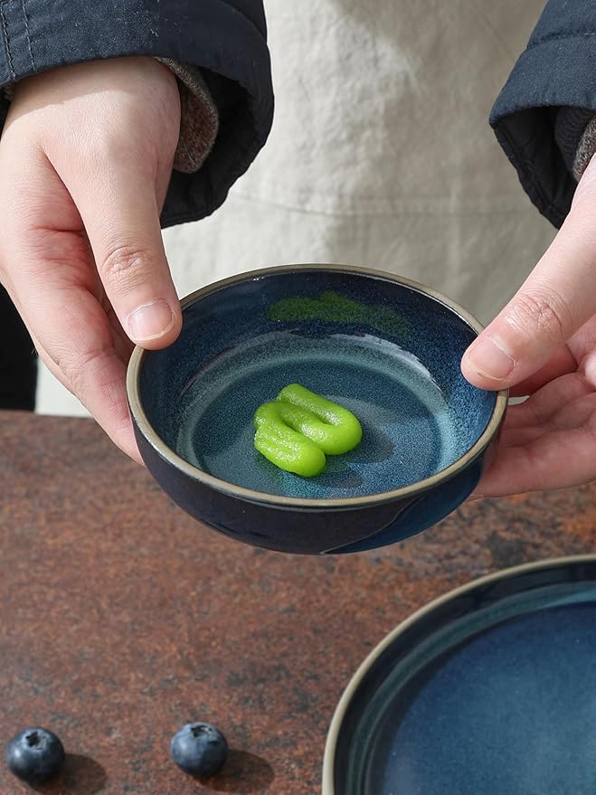 famiware Nature Ceramic Soy Sauce Dish, Dipping Bowls Set of 6, 3 oz Dipping Sauce Bowls/Dishes/Cups/Plates, Small Serving Bowls for Side Dishes, Condiments, Sushi, Appetizer, Dessert, Midnight Blue