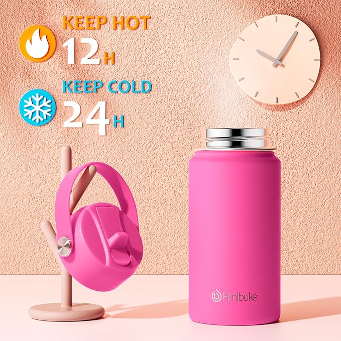 Fimibuke Kids Insulated Water Bottle, 14oz BPA FREE 18/8 Stainless Steel Travel Tumbler Double Wall Vacuum Leak Proof Kids Cup with Straw Metal Water Bottle for School Boys Girls(1 Pack, Magenta)