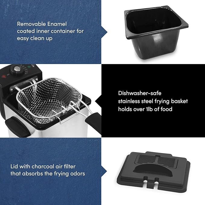 Elite Gourmet EDF1607# 800-Watt Mesh Basket 1.6 Quart / 6.5 Cup Oil Capacity, Electric Immersion Deep Fryer with Temperature Knob and Lid with View Window, stainless steel