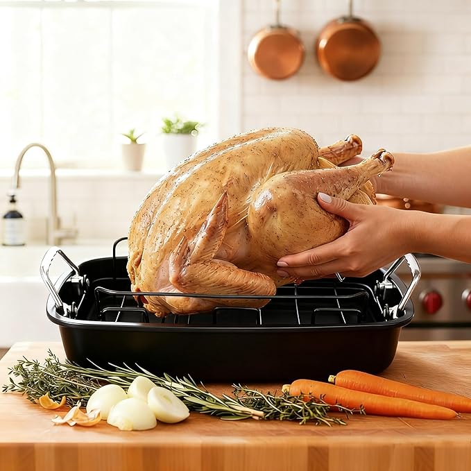 Large Nonstick Roasting Pan with Rack (17x13 Inch) -Turkey Roasting Pan with Wider Handles, Heavy Duty Construction Roaster - Easy Clean for Oven