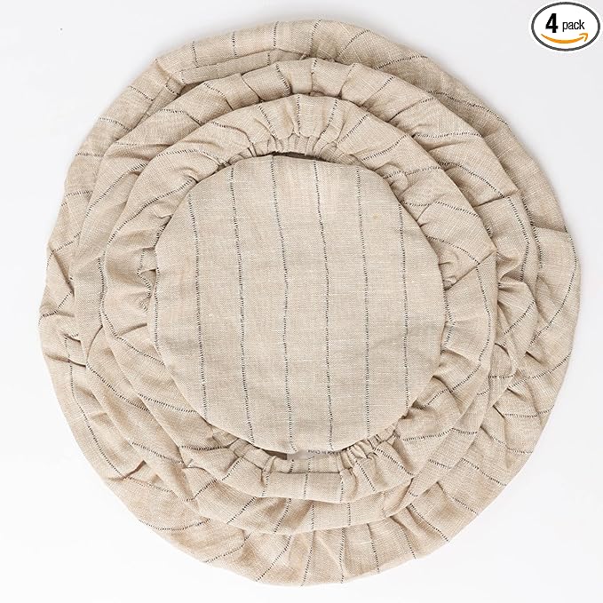 100% Linen Stripe Bowl Covers Reusable For Bread Proofing, 4 Pcs Elastic Cloth Fabric Bowl Covers, 5.9 * 7.9 * 9.8 * 11.8 Inches, Linen