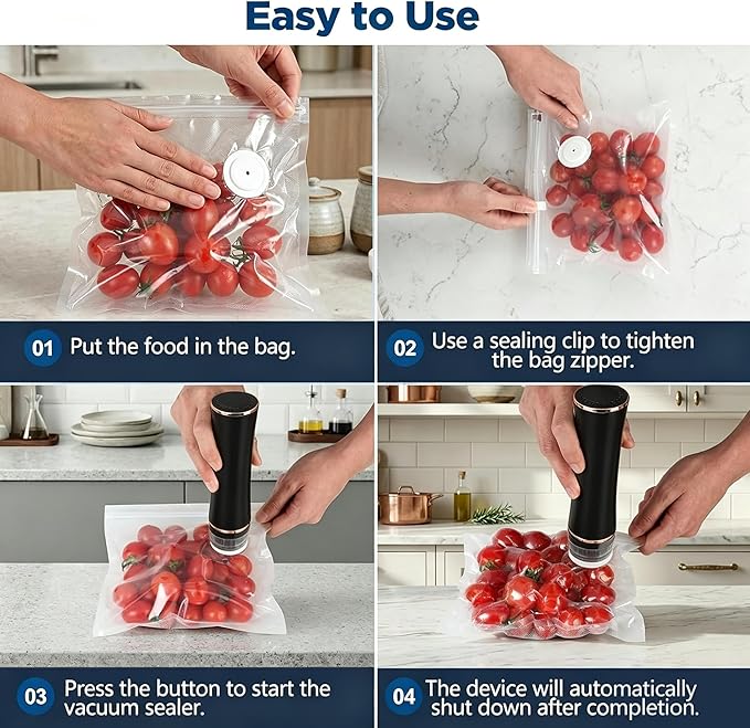 Compact Vacuum Sealer for Food with Visible Tank, Handheld Vacuum Sealer Machine, Includes 30 Reusable Bags, Seal Food 6X Fresh Longer, Wireless & Portable, Suitable for Kitchen and Travel, Black