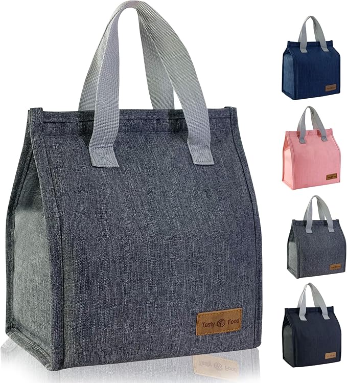 Mziart Minimalist Lunch Bag, Reusable Insulated Bag for Women Men Box Container Leakproof Simple Bento Tote Adults Cooler Work Office Picnic or Travel (Grey) M23HK-LB-005-JJ