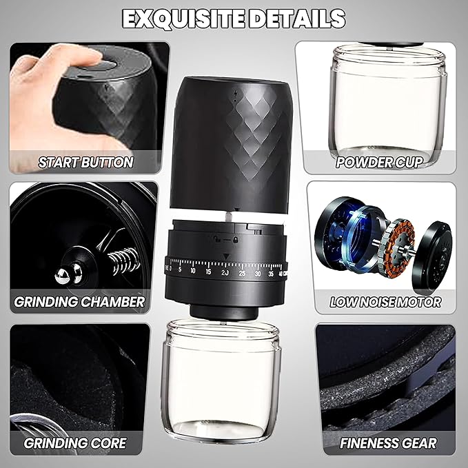 Portable Electric Coffee Bean Grinder with 40 Adjustable Settings, Small Espresso Grinder Rechargeable Burr Coffee Grinder with Multiple Grinding Settings for Travel, Camping, Home & Office.