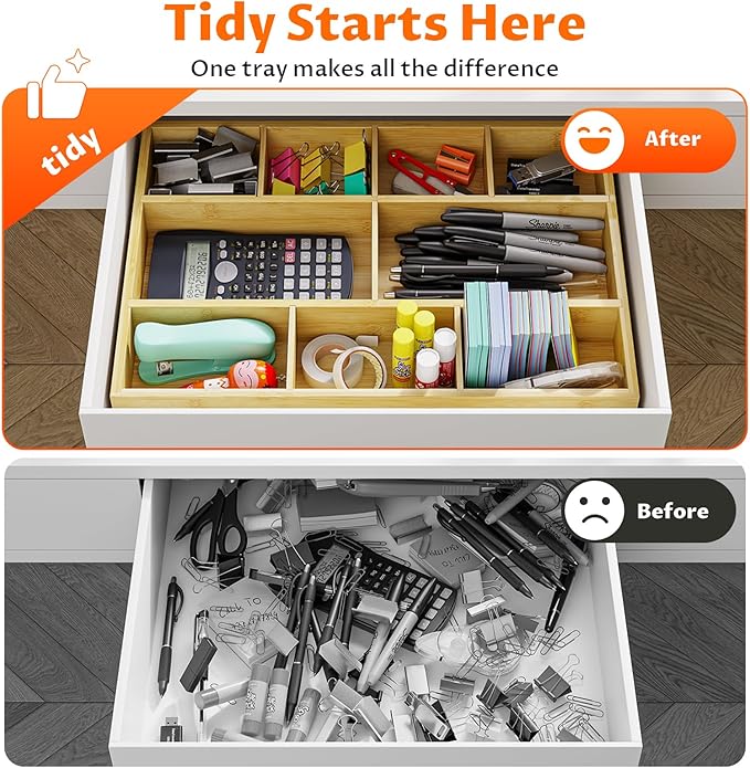Bamboo Drawer Organizer with 9 Adjustable Compartments, Office Desk Organization Tray for Office Utensils, Supplies, Makeup, Jewelry, and More – Ideal for Desk or Drawer Storage